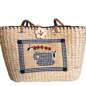 Breckenridge Straw Tote Bag Purse Blonde Wicker Picnic Blue Check Teacup Bee